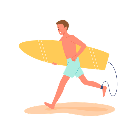 Homme qui court avec planche de surf  Illustration