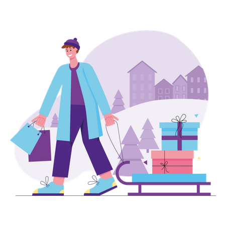 Homme marchant avec des cadeaux de Noël  Illustration