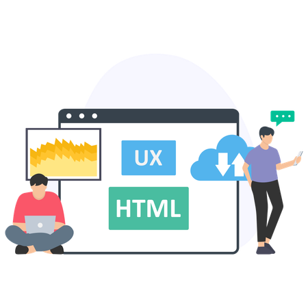 Un homme parle du développement Web  Illustration