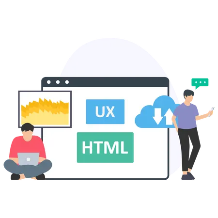 Un homme parle du développement Web  Illustration
