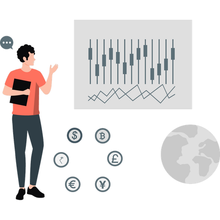 Un homme parle d'un graphique analytique  Illustration