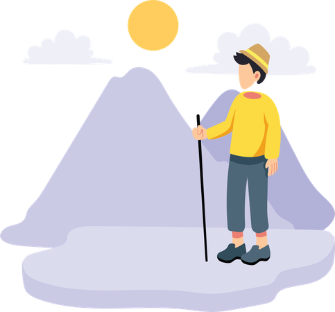 Un homme en randonnée au sommet d'une montagne  Illustration