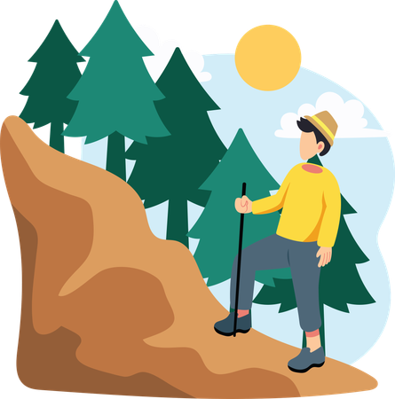 Un homme en randonnée sur un sentier de montagne  Illustration