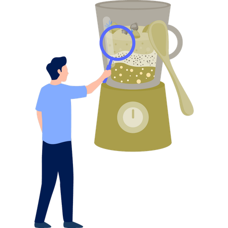 Un homme cherche des bactéries dans un pot de jus  Illustration