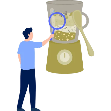 Un homme cherche des bactéries dans un pot de jus  Illustration