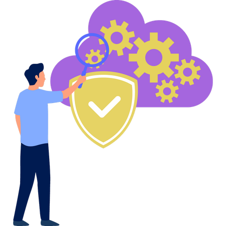 Homme recherchant des paramètres de cloud à la loupe  Illustration