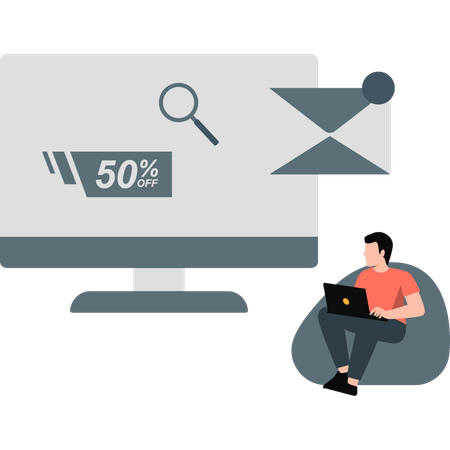 Homme recherchant une offre sur un ordinateur portable  Illustration