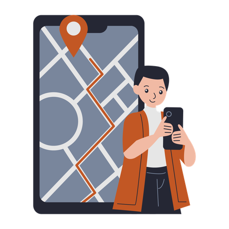 Un homme recherche une localisation mobile  Illustration