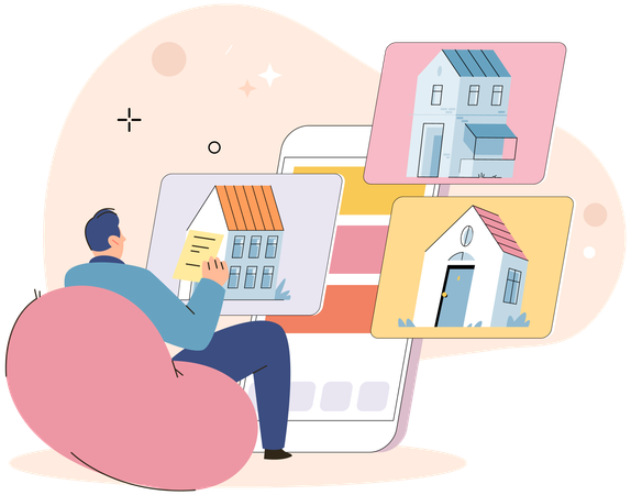 Homme recherchant un bien immobilier en ligne  Illustration