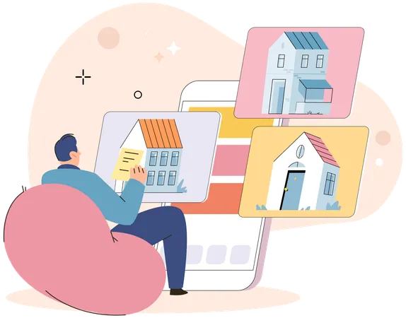 Homme recherchant un bien immobilier en ligne  Illustration