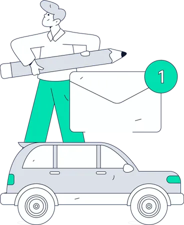 Un homme lève les yeux pour récupérer les papiers de sa voiture  Illustration