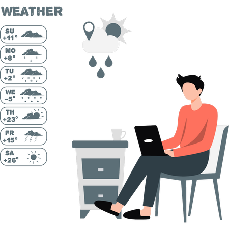 Homme trouvant l'emplacement météo sur un ordinateur portable  Illustration