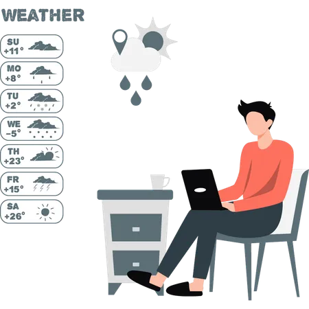 Homme trouvant l'emplacement météo sur un ordinateur portable  Illustration