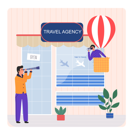 Un homme cherche une destination de voyage dans une agence de voyages  Illustration