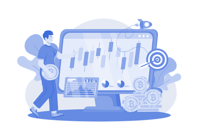 Homme regardant le bureau de négociation de crypto-monnaie  Illustration