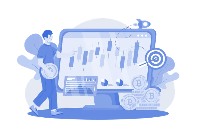 Homme regardant le bureau de négociation de crypto-monnaie  Illustration