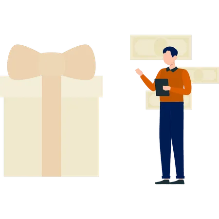 Homme regardant une boîte cadeau  Illustration