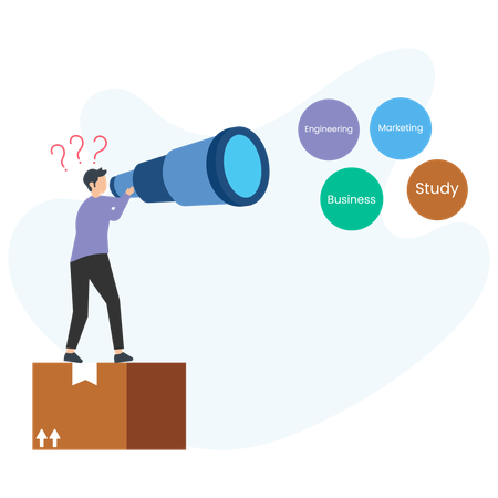 Homme regardant la vision d'entreprise à l'aide d'un télescope  Illustration