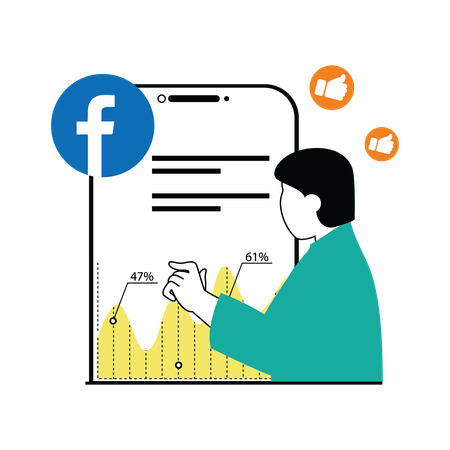 Homme regardant les analyses marketing de Facebook  Illustration