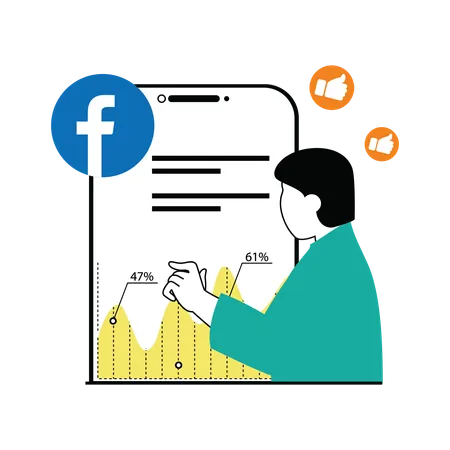 Homme regardant les analyses marketing de Facebook  Illustration