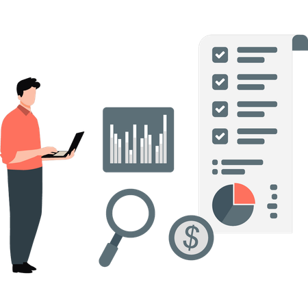 Homme regardant l'analyse de gestion d'entreprise  Illustration