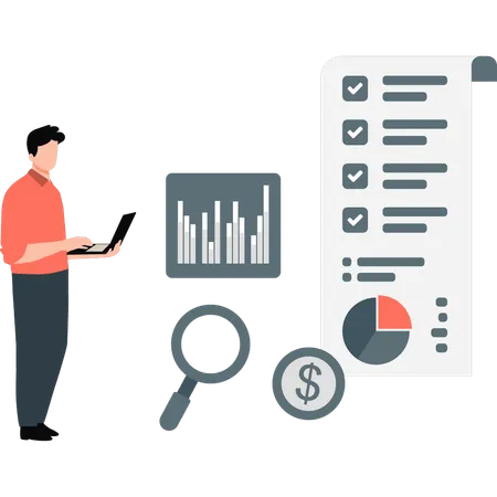 Homme regardant l'analyse de gestion d'entreprise  Illustration