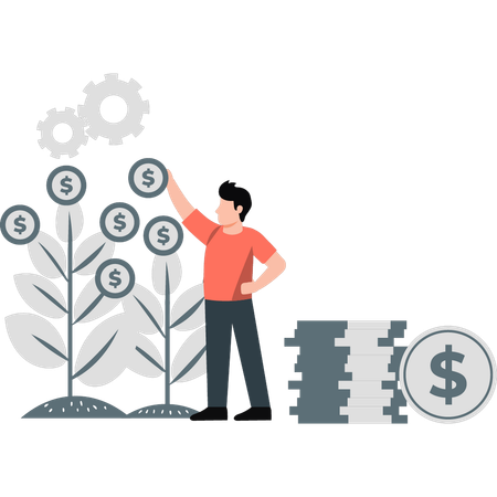 Homme regardant la croissance d’une plante dollar  Illustration