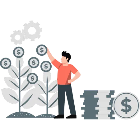 Homme regardant la croissance d’une plante dollar  Illustration