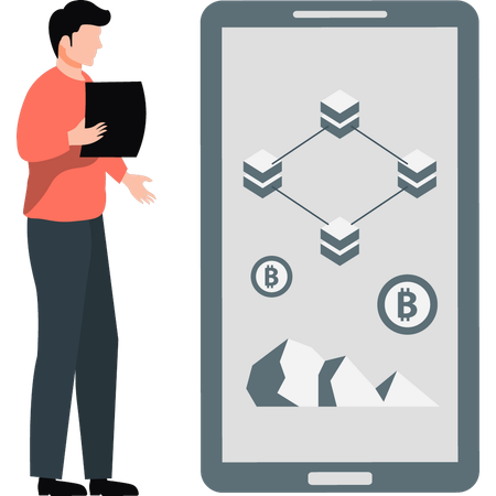 Un homme regarde la technologie blockchain  Illustration