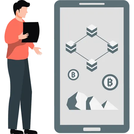 Un homme regarde la technologie blockchain  Illustration