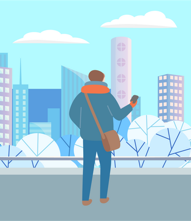 Homme regardant la ville en hiver  Illustration