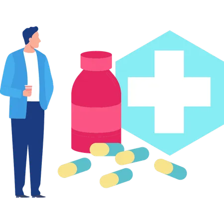 Homme regardant des médicaments  Illustration