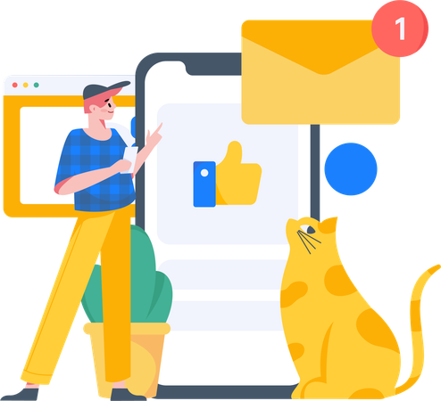 Homme regardant la notification par courrier sur les réseaux sociaux  Illustration