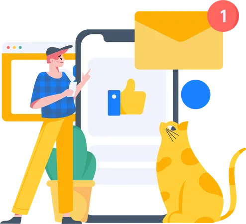 Homme regardant la notification par courrier sur les réseaux sociaux  Illustration