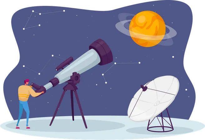 Homme observant l'espace au télescope étudiant le cosmos  Illustration