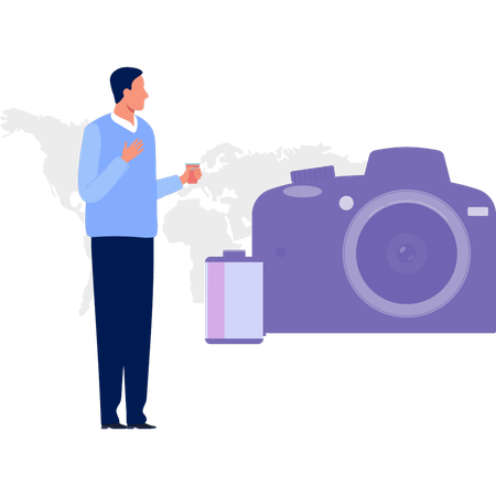 Homme regardant un appareil photo numérique  Illustration