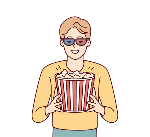 Homme regardant un film en 3D avec du pop-corn  Illustration