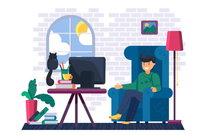 Homme regardant un film à la télévision dans le salon  Illustration