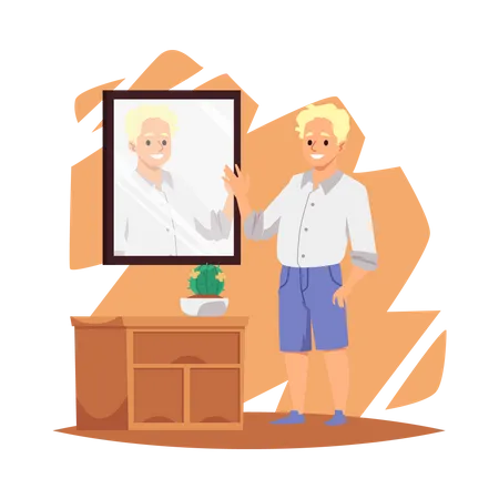 Personnage De Dessin Anime De Jeune Homme Regardant Le Miroir Homme Confiant Ayant Un Sentiment Dacceptation De Soi Et De Confiance En Soi Illustration