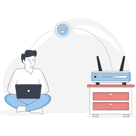 Homme regardant un routeur Wi-Fi  Illustration