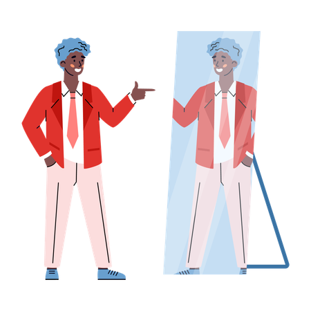 L'homme regarde son reflet dans le miroir avec acceptation de soi et traitement positif  Illustration