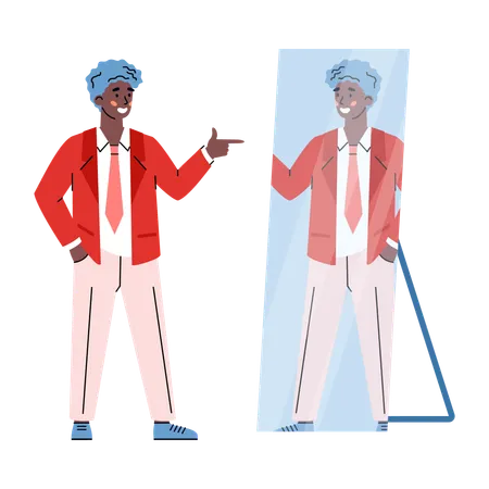 L'homme regarde son reflet dans le miroir avec acceptation de soi et traitement positif  Illustration