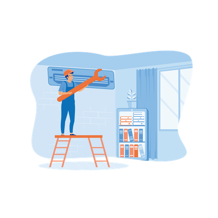 Un homme répare et installe un climatiseur avec une panne d'unité  Illustration