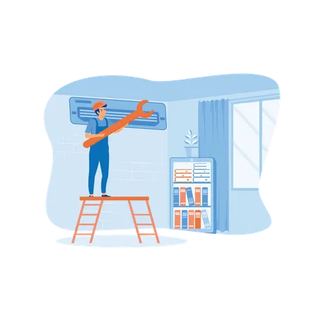 Un homme répare et installe un climatiseur avec une panne d'unité  Illustration