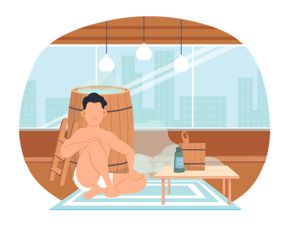 Homme se reposant assis près d'une baignoire en bois dans l'appartement  Illustration