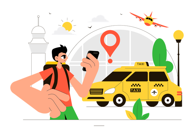 Un homme réserve un taxi pour l'aéroport  Illustration