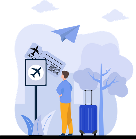 Homme réservant un billet d'avion sur mobile  Illustration