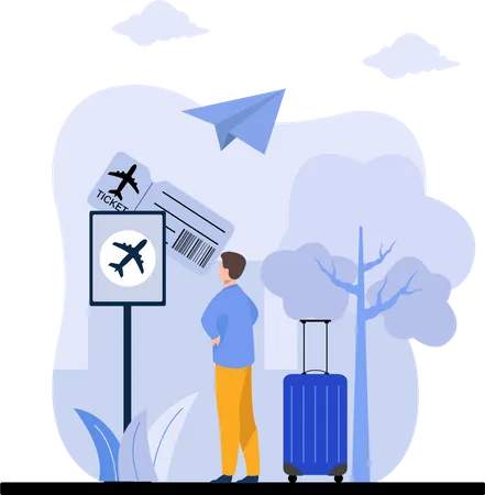 Homme réservant un billet d'avion sur mobile  Illustration