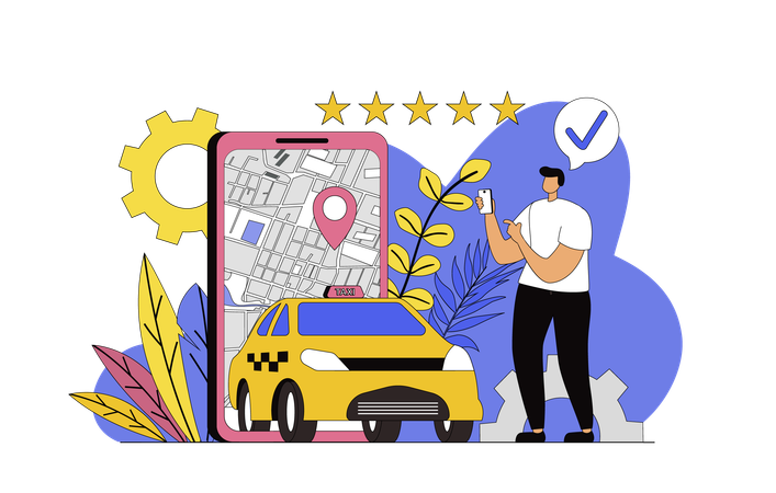 Un homme réserve un taxi en ligne  Illustration