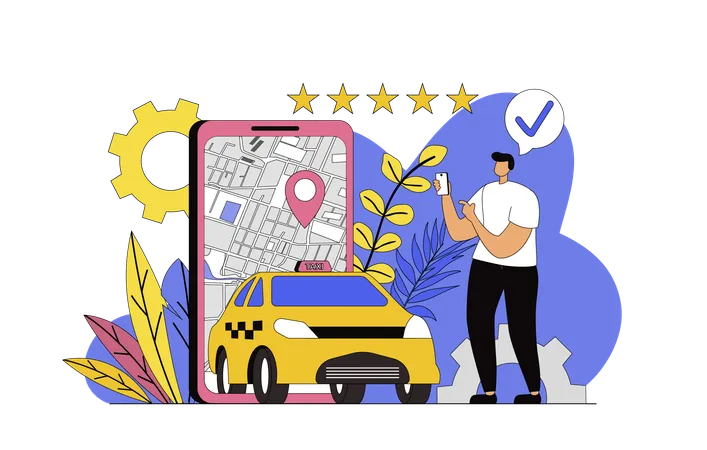 Un homme réserve un taxi en ligne  Illustration